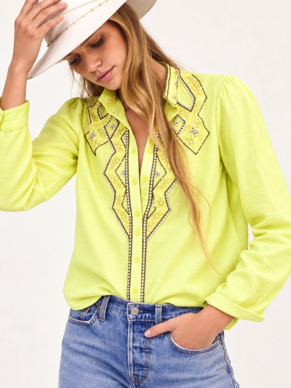 Pilcro Nayeli Rhinestone Lace Western Button-Down Chartreuse Small